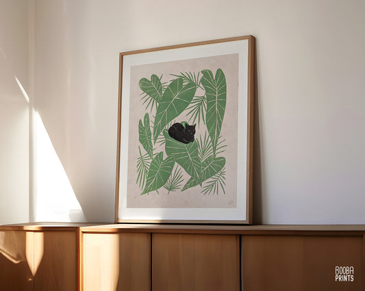Cat Loaf & Green Leaves Linocut Print
