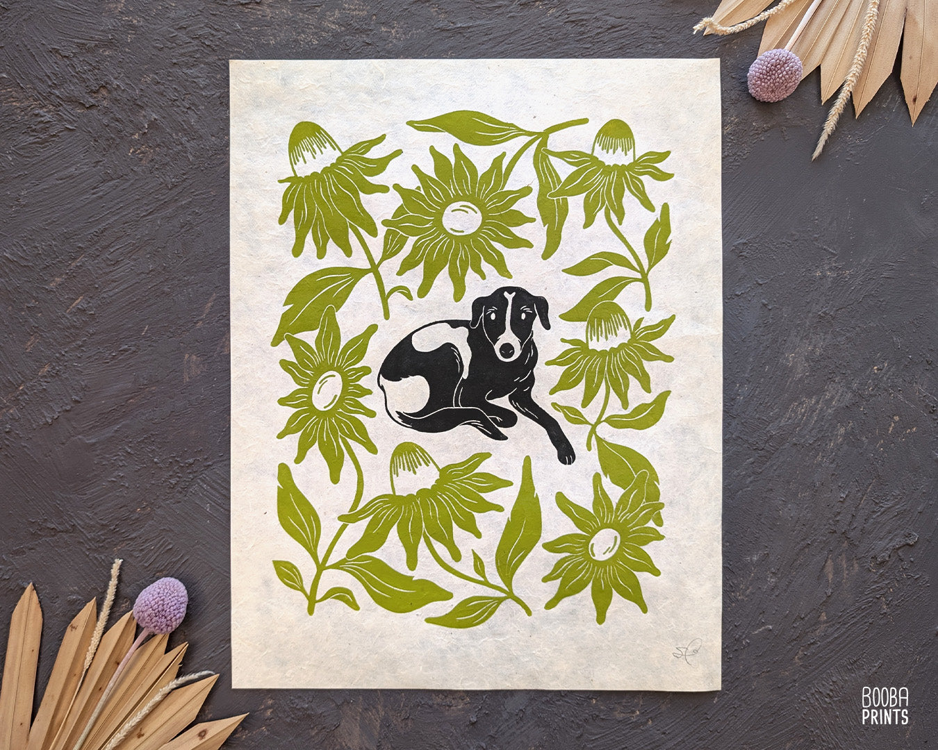 Original handmade linocut print of "Cute Dog  and Green Flowers". Hand carved and hand printed linoleum print, featuring black and white dog, surrounded by green flowers. Beautiful gift for a dog lover. Original wall art by Booba Prints