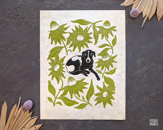 Original handmade linocut print of "Cute Dog  and Green Flowers". Hand carved and hand printed linoleum print, featuring black and white dog, surrounded by green flowers. Beautiful gift for a dog lover. Original wall art by Booba Prints