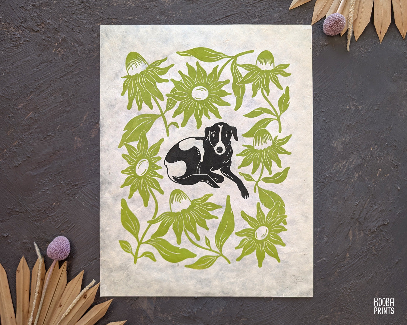 Original handmade linocut print of "Cute Dog  and Green Flowers". Hand carved and hand printed linoleum print, featuring black and white dog, surrounded by green flowers. Beautiful gift for a dog lover. Original wall art by Booba Prints
