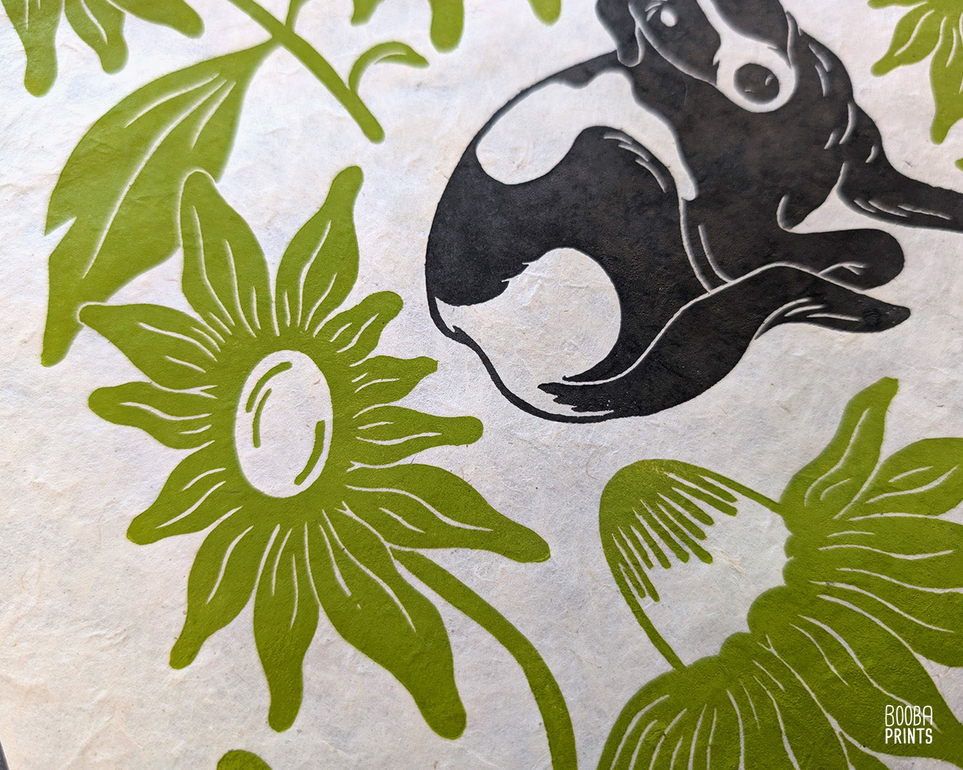 Original handmade linocut print of "Cute Dog  and Green Flowers". Hand carved and hand printed linoleum print, featuring black and white dog, surrounded by green flowers. Beautiful gift for a dog lover. Original wall art by Booba Prints