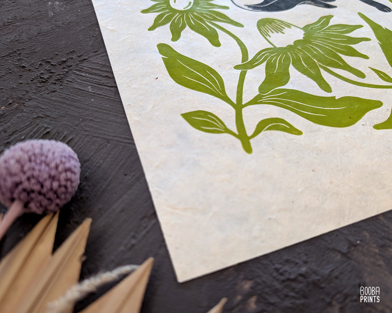 Original handmade linocut print of "Cute Dog  and Green Flowers". Hand carved and hand printed linoleum print, featuring black and white dog, surrounded by green flowers. Beautiful gift for a dog lover. Original wall art by Booba Prints