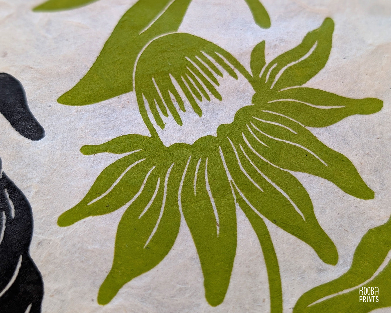 Original handmade linocut print of "Cute Dog  and Green Flowers". Hand carved and hand printed linoleum print, featuring black and white dog, surrounded by green flowers. Beautiful gift for a dog lover. Original wall art by Booba Prints