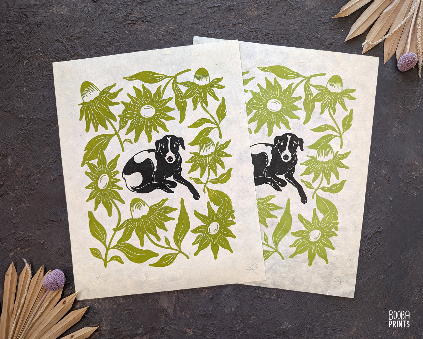 Original handmade linocut print of "Cute Dog  and Green Flowers". Hand carved and hand printed linoleum print, featuring black and white dog, surrounded by green flowers. Beautiful gift for a dog lover. Original wall art by Booba Prints