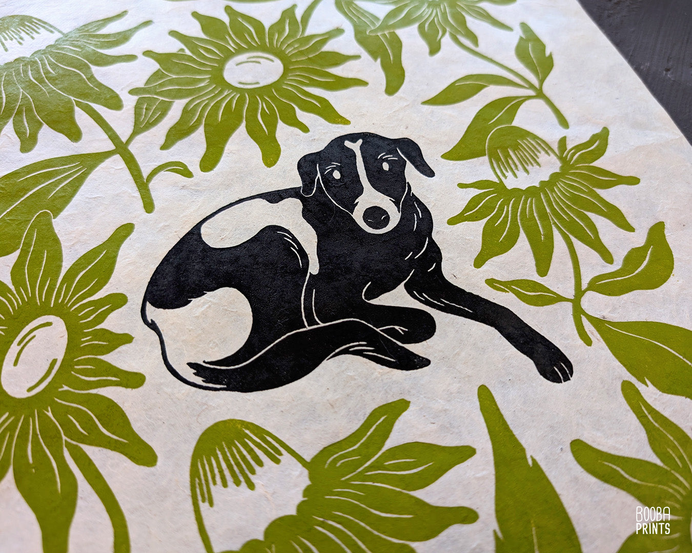 Original handmade linocut print of "Cute Dog  and Green Flowers". Hand carved and hand printed linoleum print, featuring black and white dog, surrounded by green flowers. Beautiful gift for a dog lover. Original wall art by Booba Prints
