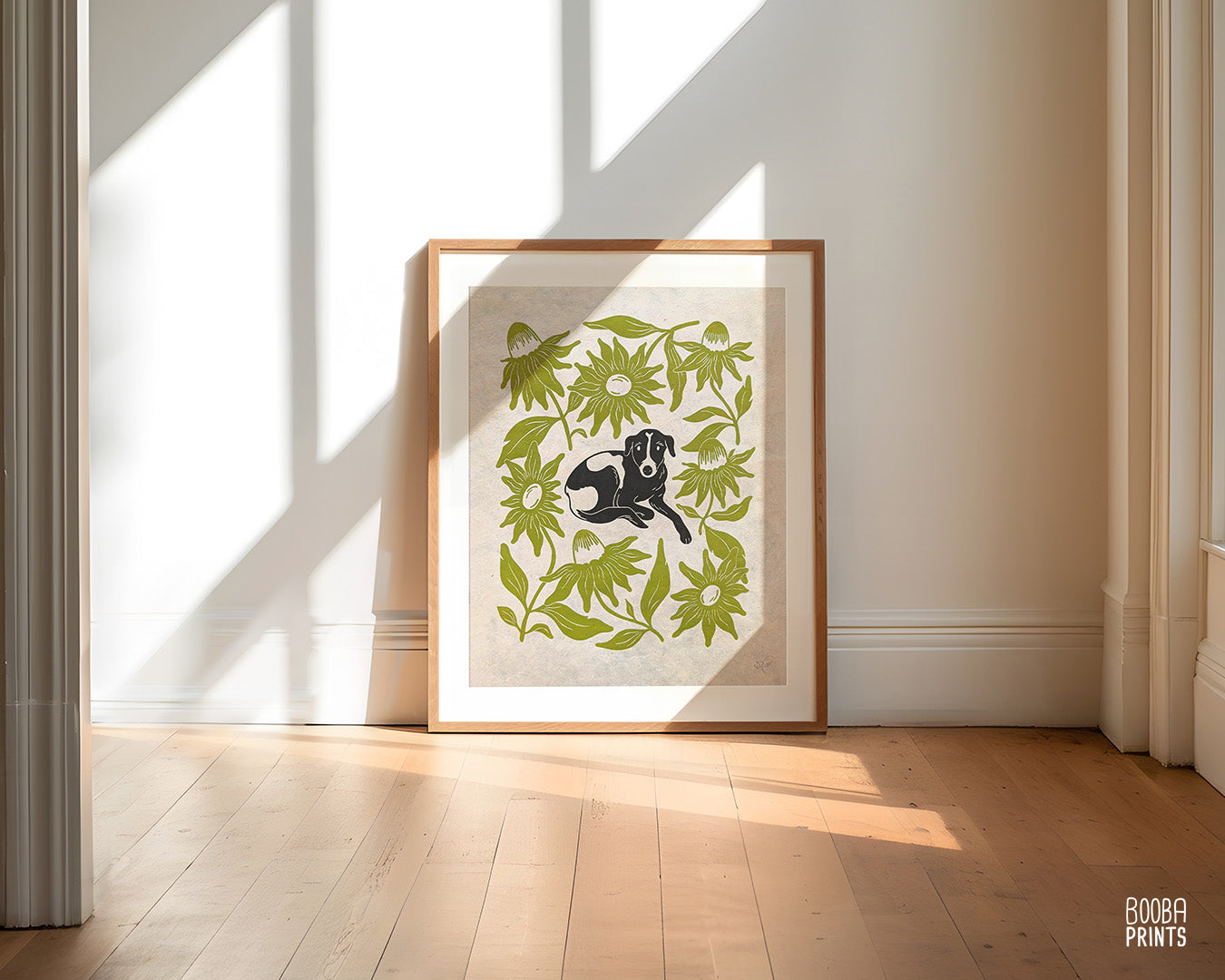 Original handmade linocut print of "Cute Dog  and Green Flowers". Hand carved and hand printed linoleum print, featuring black and white dog, surrounded by green flowers. Beautiful gift for a dog lover. Original wall art by Booba Prints