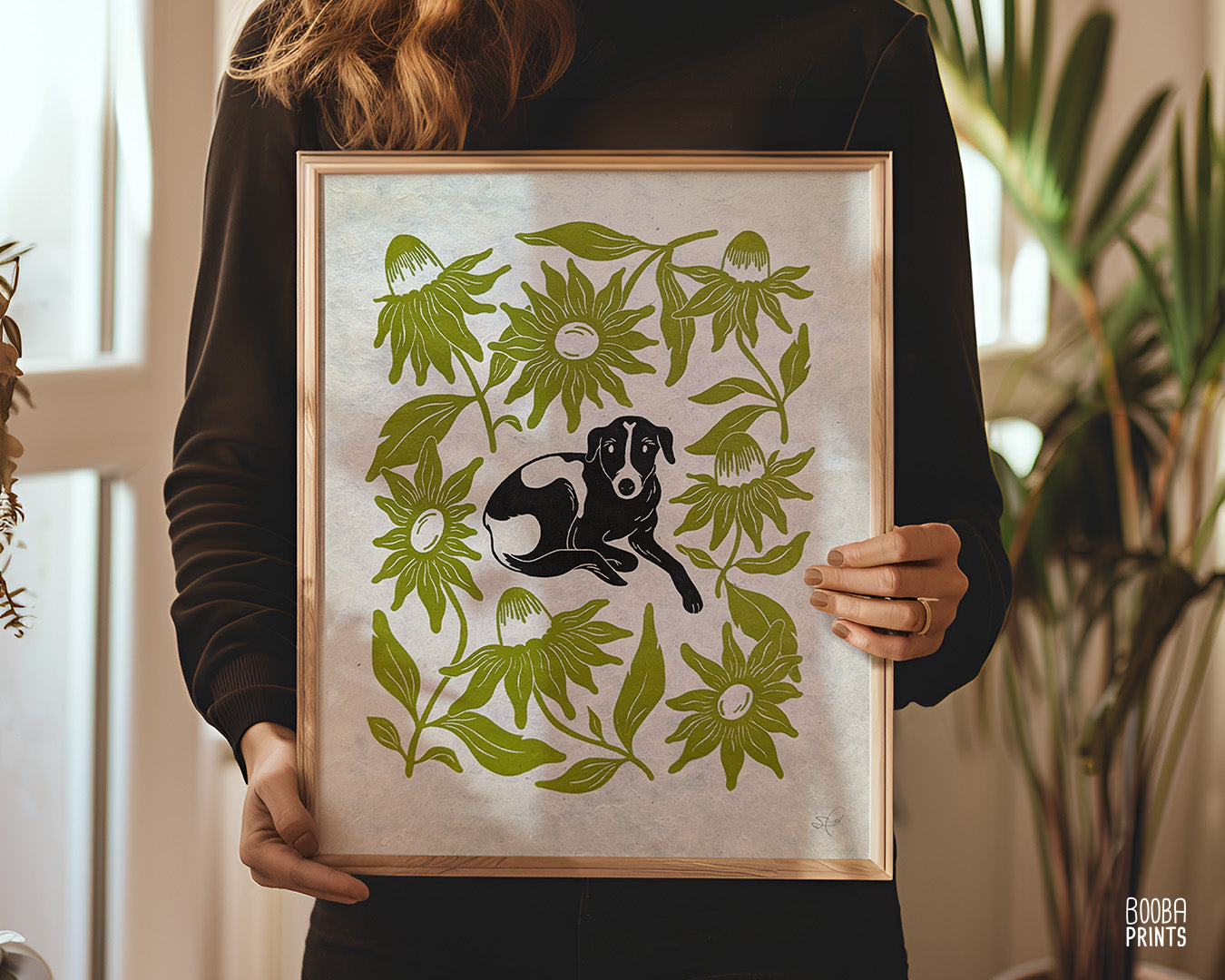 Original handmade linocut print of "Cute Dog  and Green Flowers". Hand carved and hand printed linoleum print, featuring black and white dog, surrounded by green flowers. Beautiful gift for a dog lover. Original wall art by Booba Prints