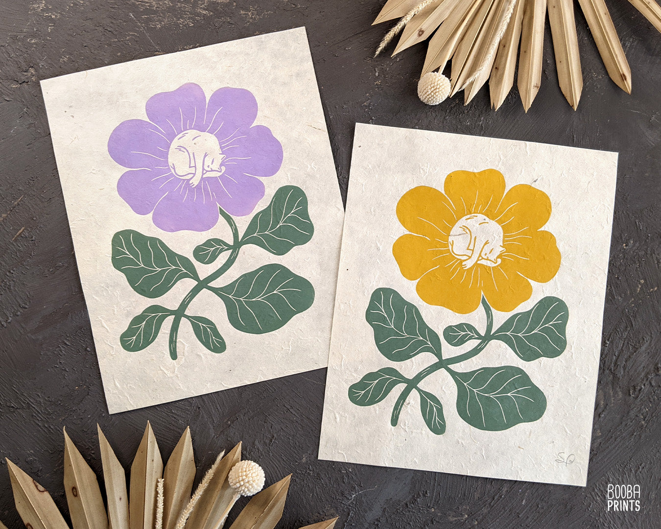 Handmade original linocut print of my Flower Cat design, printed in green and purple/mustard with oil based ink on natural Lokta paper. Gift for cat lover and flower lover. Perfect print for your home decor. Studio decor, cute boho print for home decor by Booba Prints