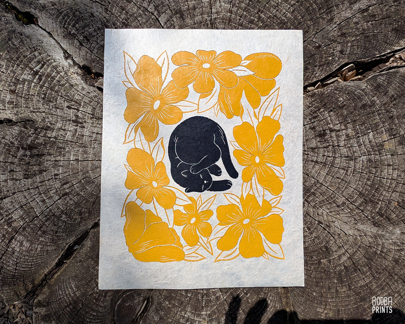 Original hand embroidered and hand printed Lazy Cat print. A unique version of this beloved print. Hand printed with oil based ink in black and yellow, and hand embroidered with a gold thread. Featuring a cute sleepy cat printed in black, and surrounded by yellow flowers. Original art for cat lovers, cat lover gifts, cat artwork for you wall. Art by Booba Prints