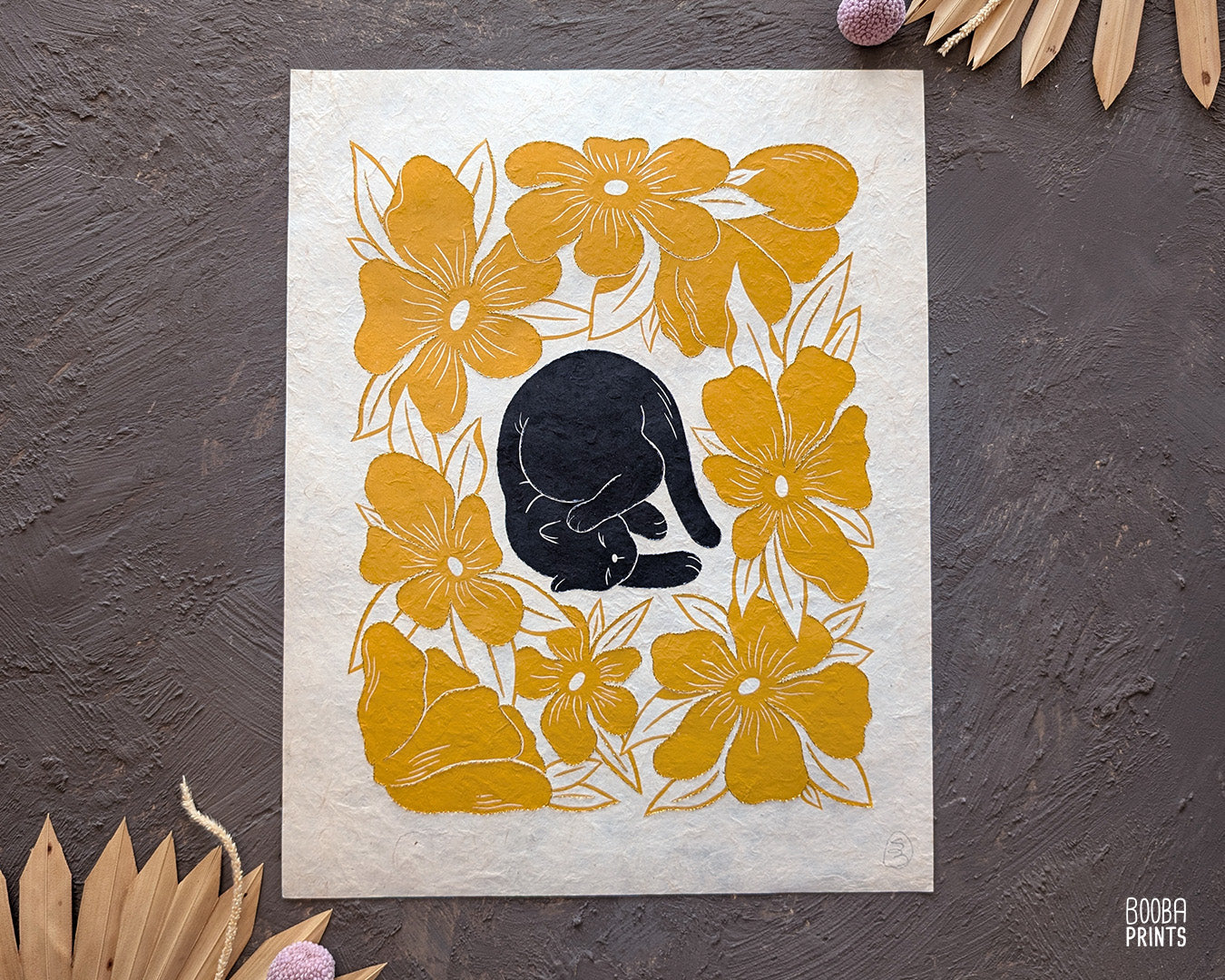 Original hand embroidered and hand printed Lazy Cat print. A unique version of this beloved print. Hand printed with oil based ink in black and yellow, and hand embroidered with a gold thread. Featuring a cute sleepy cat printed in black, and surrounded by yellow flowers. Original art for cat lovers, cat lover gifts, cat artwork for you wall. Art by Booba Prints