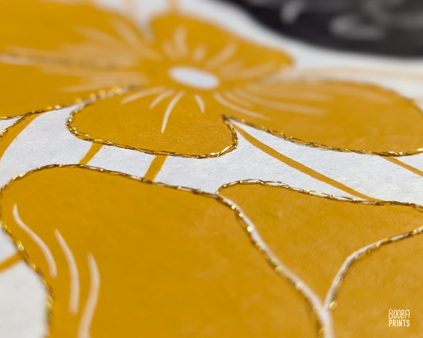 Original hand embroidered and hand printed Lazy Cat print. A unique version of this beloved print. Hand printed with oil based ink in black and yellow, and hand embroidered with a gold thread. Featuring a cute sleepy cat printed in black, and surrounded by yellow flowers. Original art for cat lovers, cat lover gifts, cat artwork for you wall. Art by Booba Prints