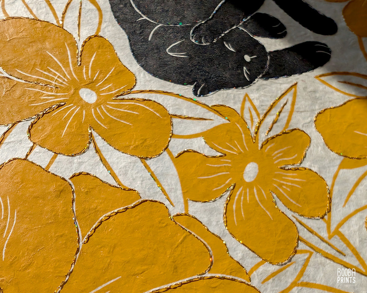 Original hand embroidered and hand printed Lazy Cat print. A unique version of this beloved print. Hand printed with oil based ink in black and yellow, and hand embroidered with a gold thread. Featuring a cute sleepy cat printed in black, and surrounded by yellow flowers. Original art for cat lovers, cat lover gifts, cat artwork for you wall. Art by Booba Prints