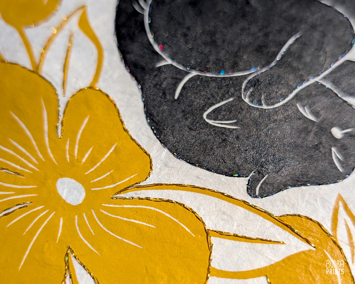 Original hand embroidered and hand printed Lazy Cat print. A unique version of this beloved print. Hand printed with oil based ink in black and yellow, and hand embroidered with a gold thread. Featuring a cute sleepy cat printed in black, and surrounded by yellow flowers. Original art for cat lovers, cat lover gifts, cat artwork for you wall. Art by Booba Prints