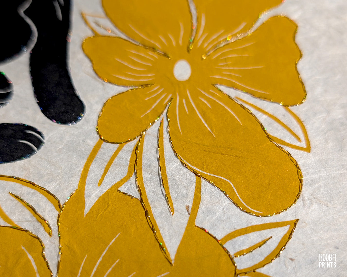 Original hand embroidered and hand printed Lazy Cat print. A unique version of this beloved print. Hand printed with oil based ink in black and yellow, and hand embroidered with a gold thread. Featuring a cute sleepy cat printed in black, and surrounded by yellow flowers. Original art for cat lovers, cat lover gifts, cat artwork for you wall. Art by Booba Prints