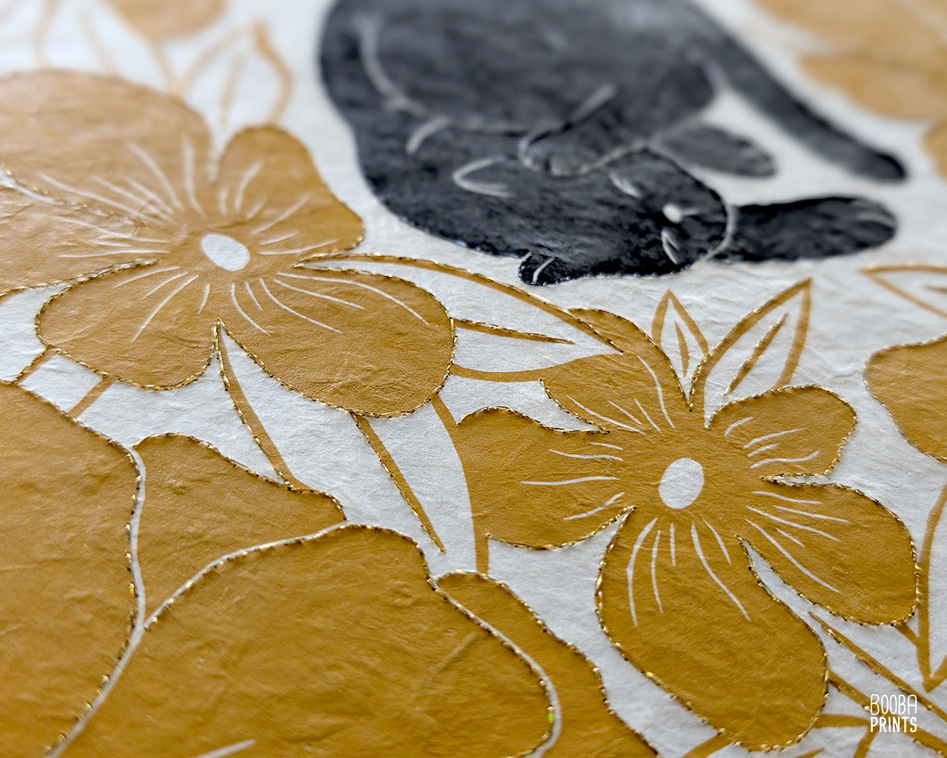 Original hand embroidered and hand printed Lazy Cat print. A unique version of this beloved print. Hand printed with oil based ink in black and yellow, and hand embroidered with a gold thread. Featuring a cute sleepy cat printed in black, and surrounded by yellow flowers. Original art for cat lovers, cat lover gifts, cat artwork for you wall. Art by Booba Prints