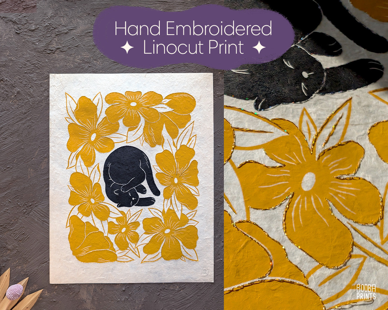Original hand embroidered and hand printed Lazy Cat print. A unique version of this beloved print. Hand printed with oil based ink in black and yellow, and hand embroidered with a gold thread. Featuring a cute sleepy cat printed in black, and surrounded by yellow flowers. Original art for cat lovers, cat lover gifts, cat artwork for you wall. Art by Booba Prints