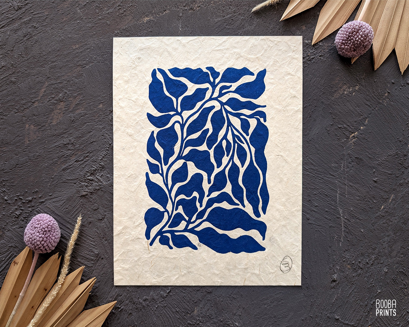 Mini  Blue Plant Linocut Print ✷ Plant Lover Gift