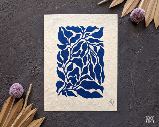 Mini  Blue Plant Linocut Print ✷ Plant Lover Gift
