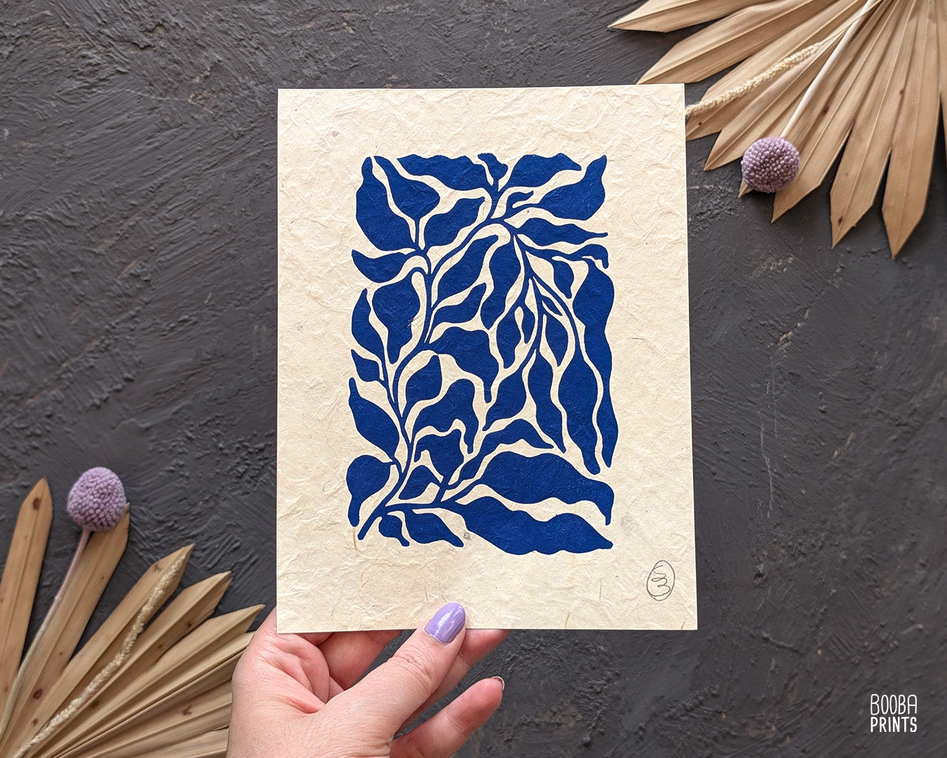 Mini  Blue Plant Linocut Print ✷ Plant Lover Gift