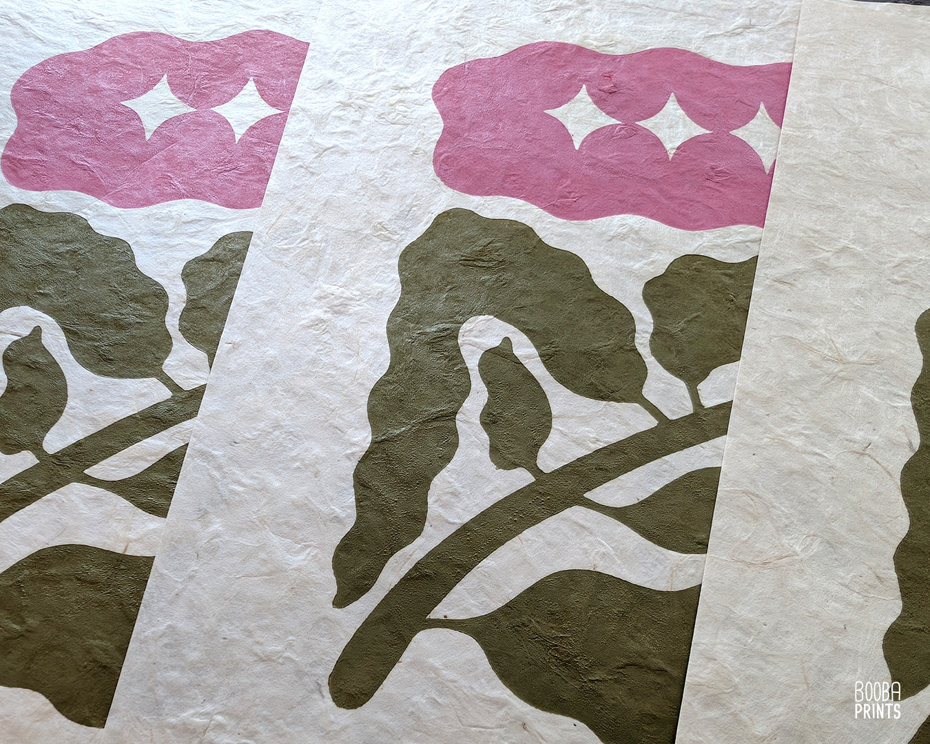 Minimal Linocut Flower Print ✷ Mini Handmade Wall Art in Green and Pink