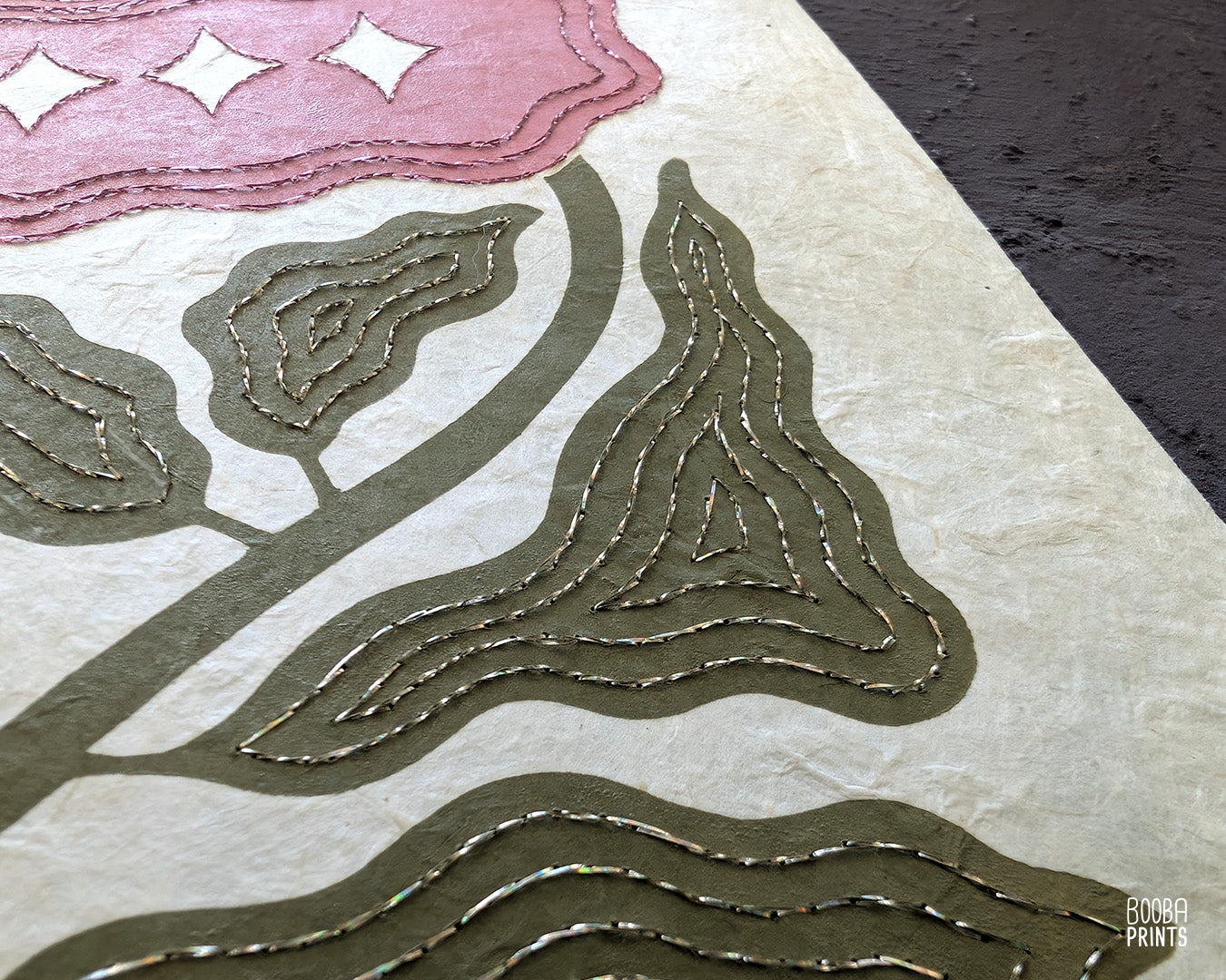 Floral Embroidered Linocut Print ✷ Unique Stylized Mixed Media Artwork