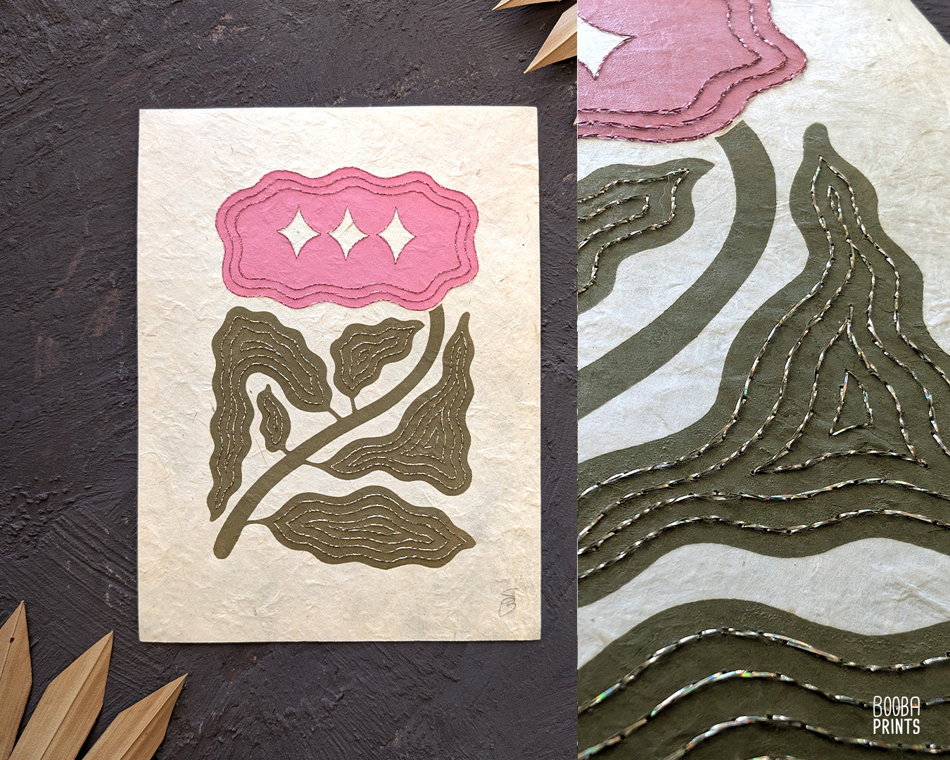 Floral Embroidered Linocut Print ✷ Unique Stylized Mixed Media Artwork