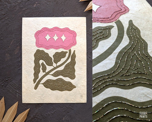 Floral Embroidered Linocut Print ✷ Unique Stylized Mixed Media Artwork