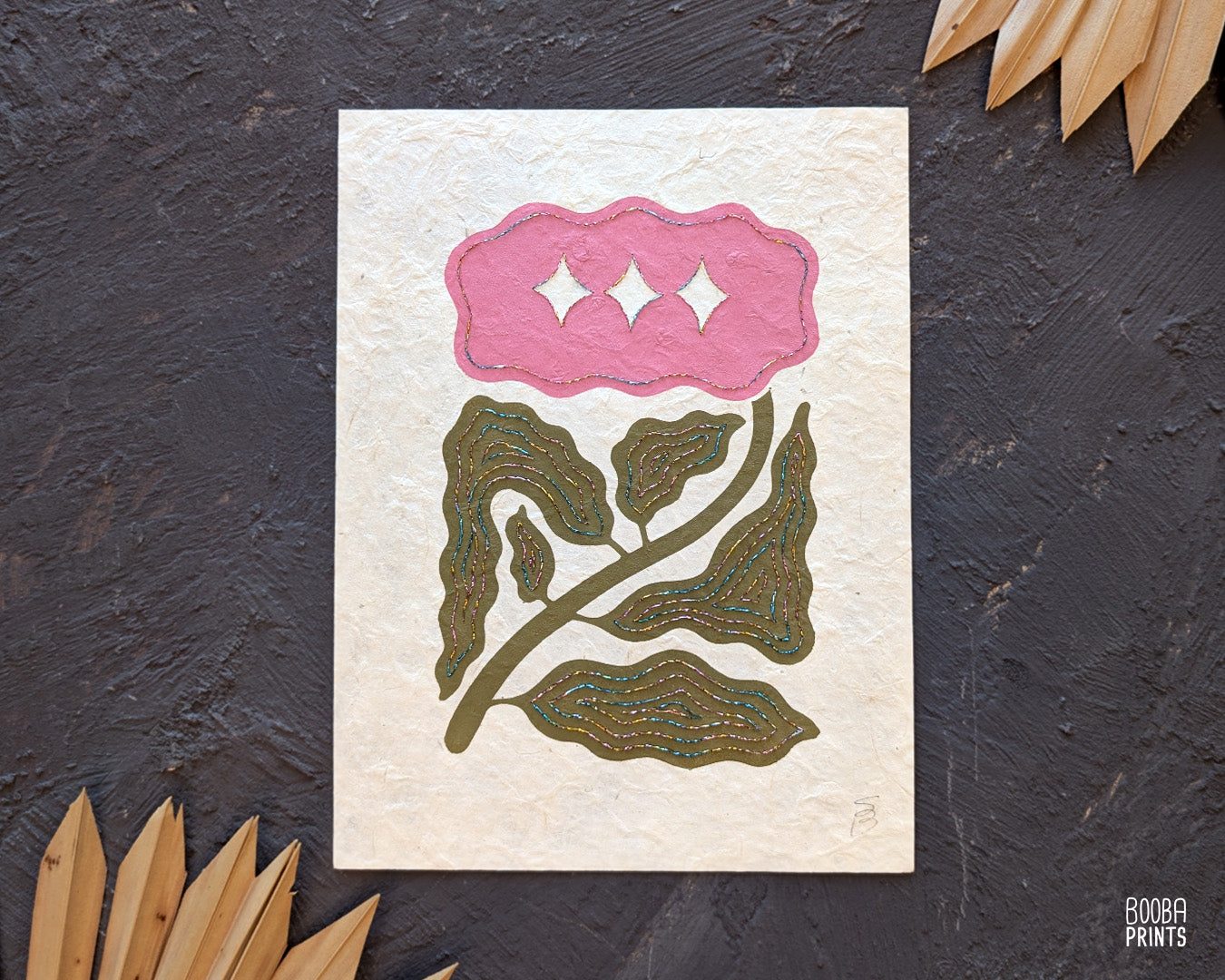 Floral Embroidered Linocut Print ✷ Unique Stylized Mixed Media Artwork
