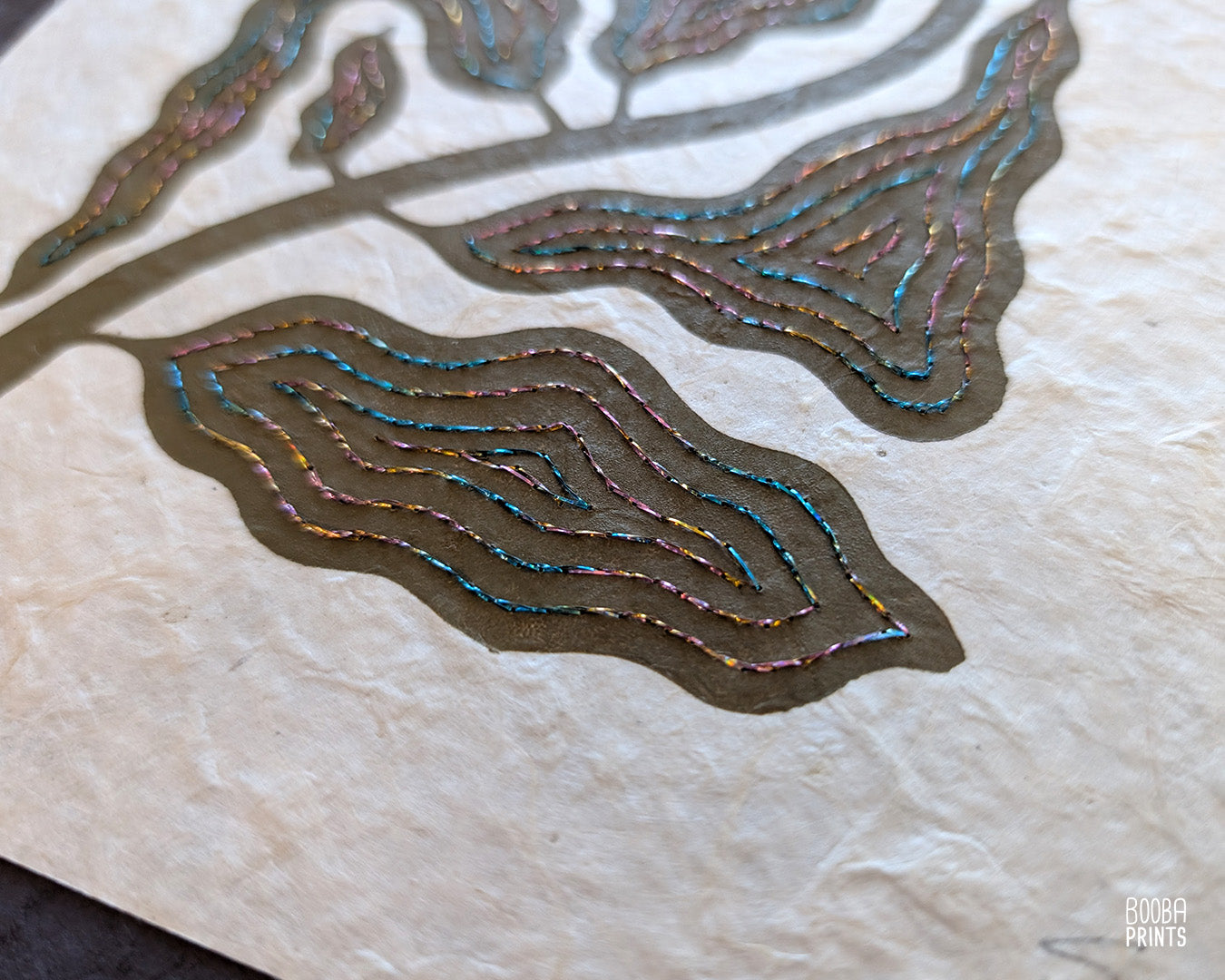 Floral Embroidered Linocut Print ✷ Unique Stylized Mixed Media Artwork