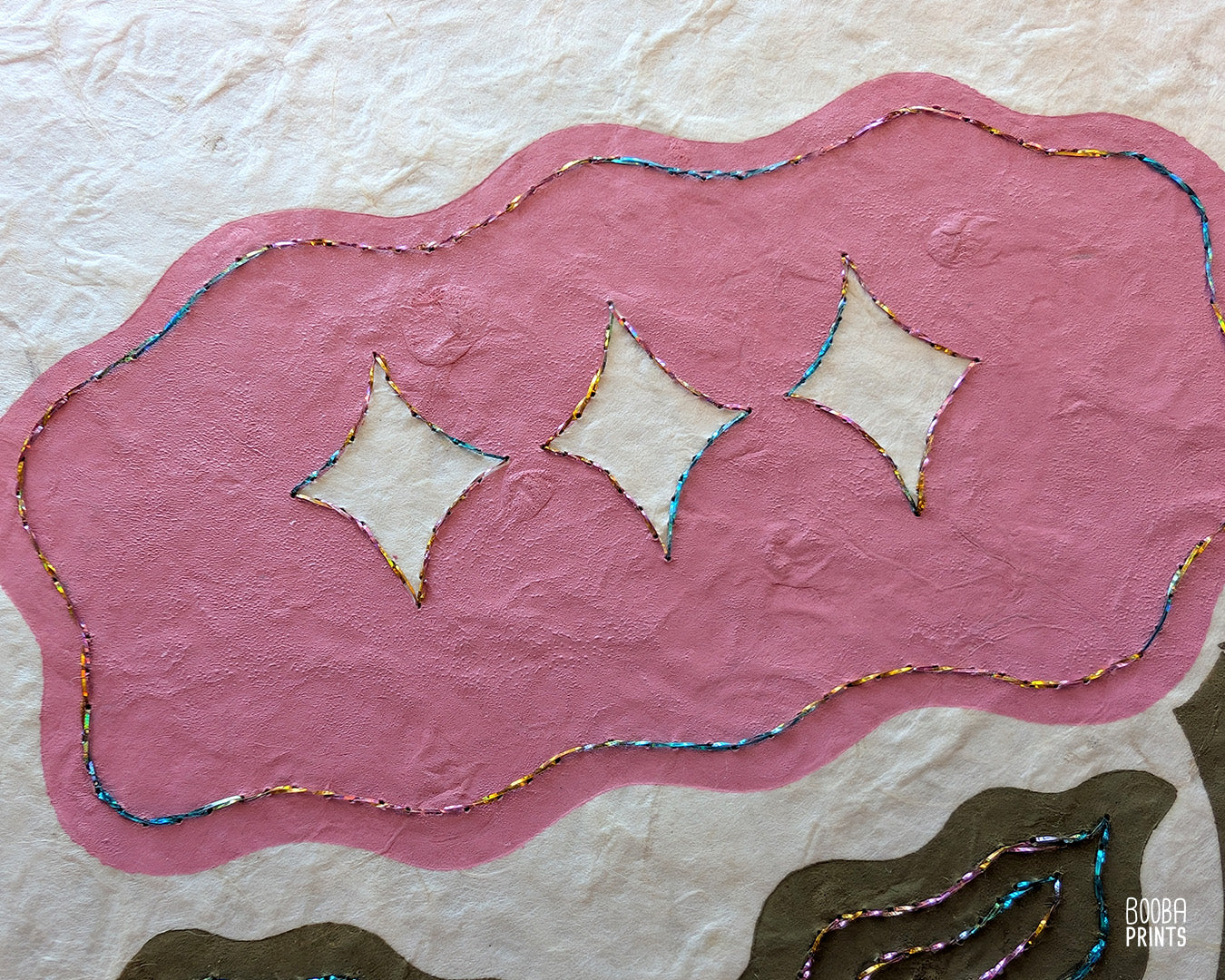 Floral Embroidered Linocut Print ✷ Unique Stylized Mixed Media Artwork