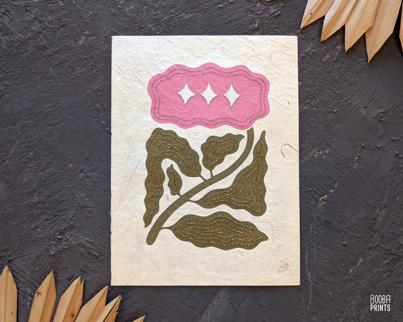 Floral Embroidered Linocut Print ✷ Unique Stylized Mixed Media Artwork