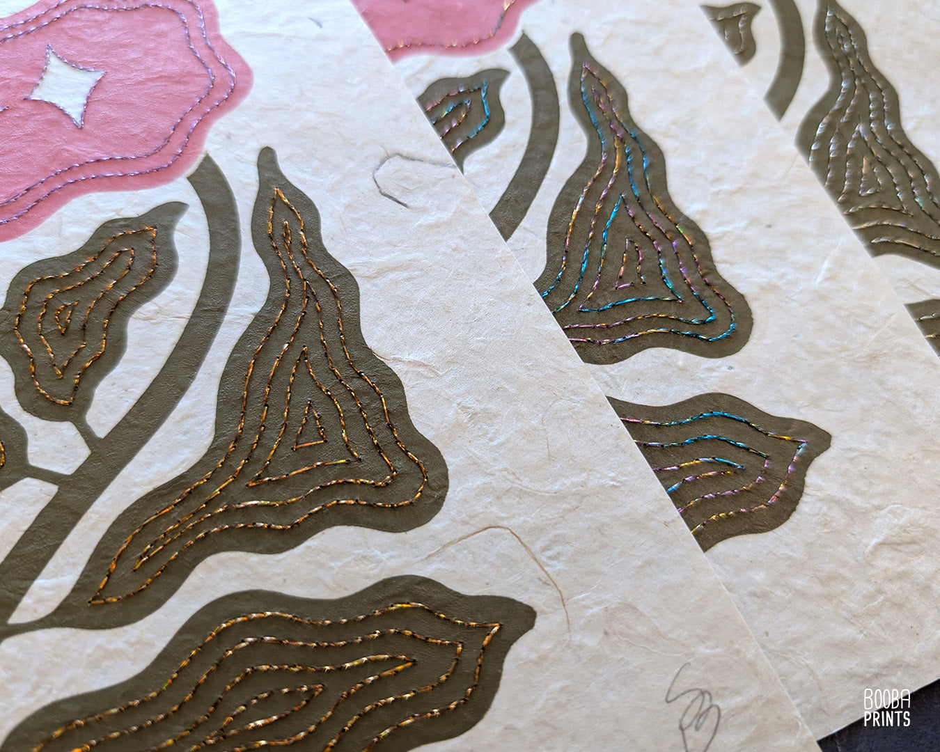 Floral Embroidered Linocut Print ✷ Unique Stylized Mixed Media Artwork