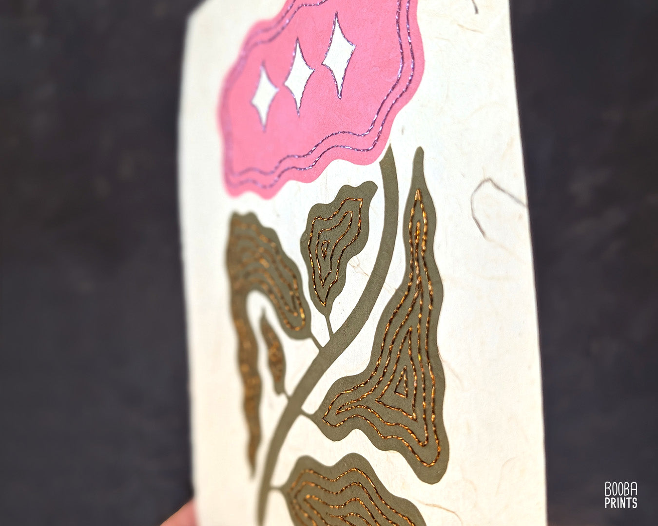 Floral Embroidered Linocut Print ✷ Unique Stylized Mixed Media Artwork
