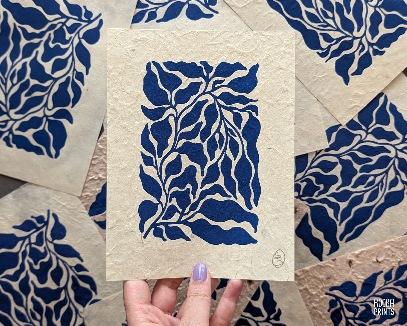 Mini  Blue Plant Linocut Print ✷ Plant Lover Gift