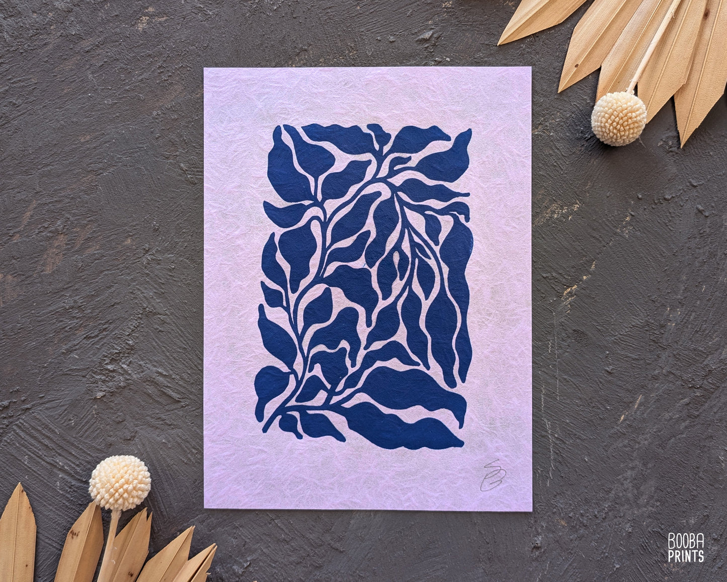 Mini Blue Plant Linocut Print ✷ Plant Lover Gift