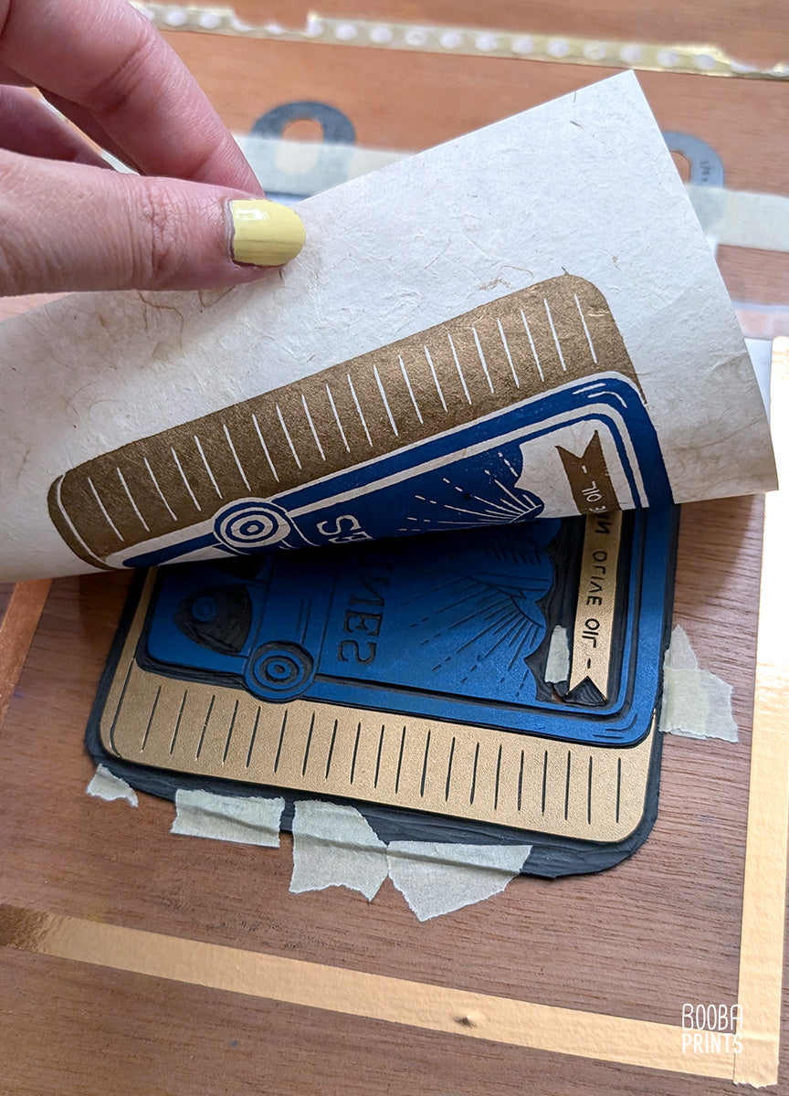Sardine Can Linocut Print ✷ Handmade Wall Art in Blue and Gold ✷ Fun Print For Kitchen