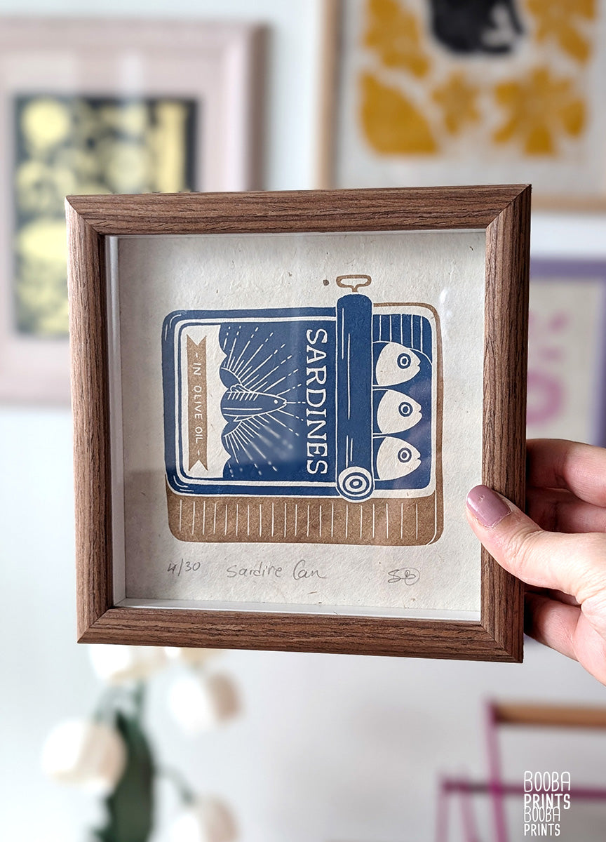 Sardine Can Linocut Print ✷ Handmade Wall Art in Blue and Gold ✷ Fun Print For Kitchen