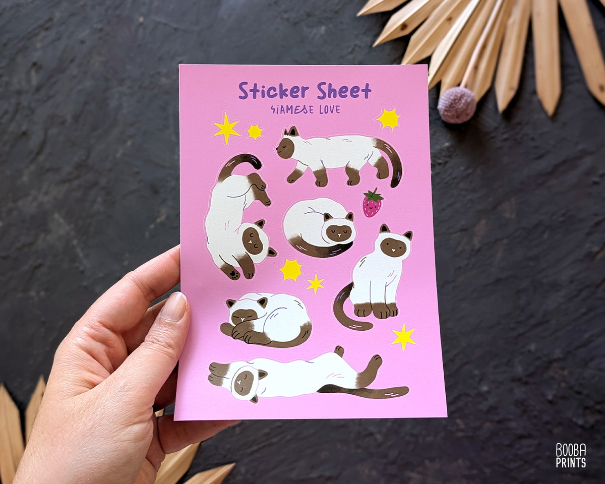Siamese Love Sticker Sheet ā· Cozy Vinyl Waterproof Sticker Sheet for Siamese Cat Fans