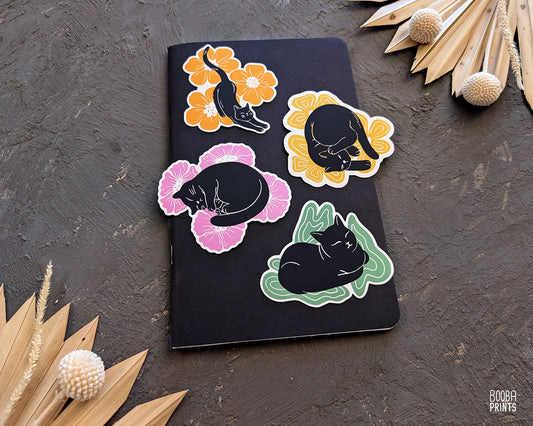 Get a mystery sticker. Get a random cute vinyl waterproof sticker out of 6 cute cat stickers: "Snuggly Cats", "Sleeping Cat", "Stretching Cat", "Cat Loaf', "Marvelous Cat" and "Lazy Cat". Cute stationary, cat sticker for bottle, laptop or a planer. Art by Booba Prints
