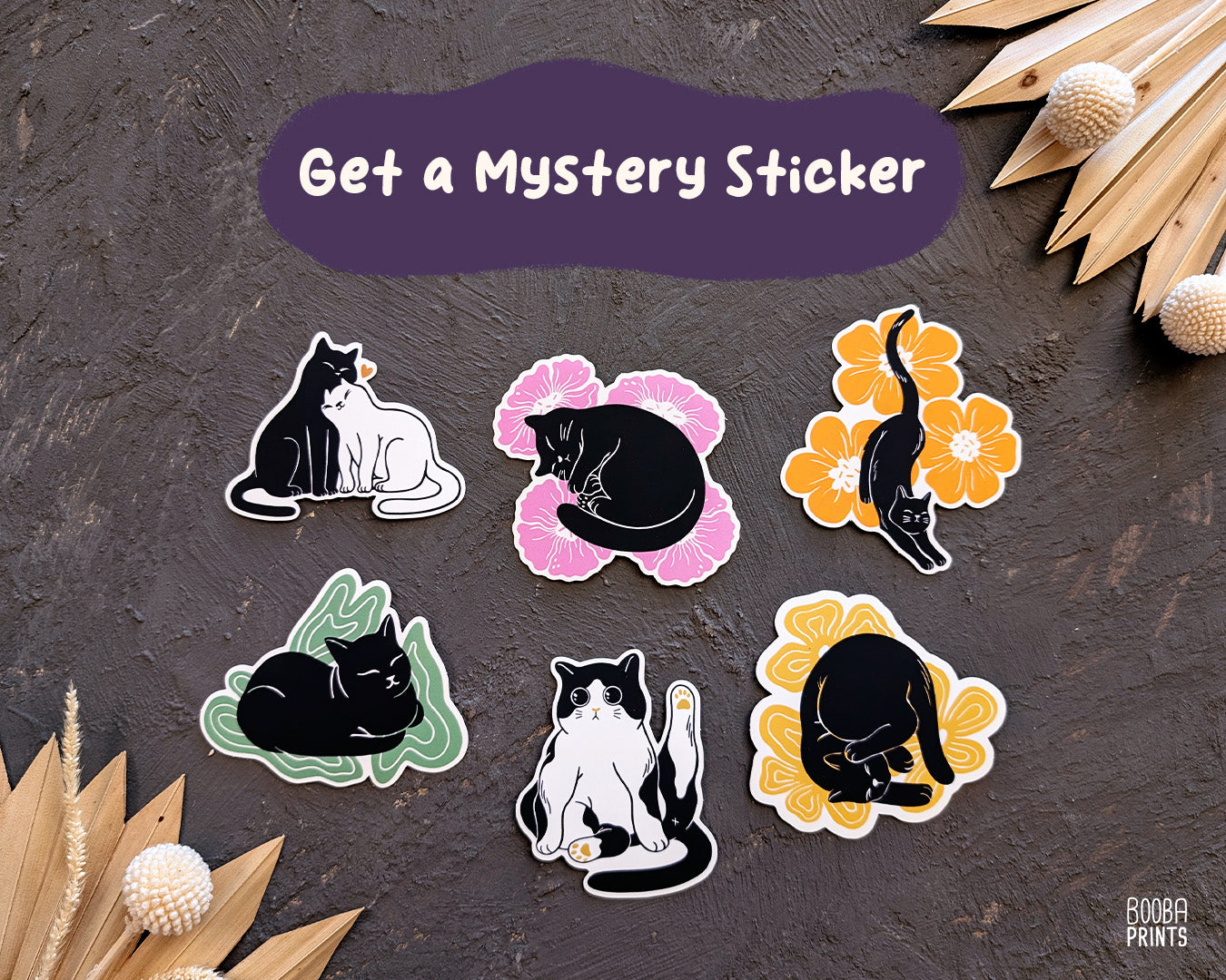 Get a mystery sticker. Get a random cute vinyl waterproof sticker out of 6 cute cat stickers: "Snuggly Cats", "Sleeping Cat", "Stretching Cat", "Cat Loaf', "Marvelous Cat" and "Lazy Cat". Cute stationary, cat sticker for bottle, laptop or a planer. Art by Booba Prints