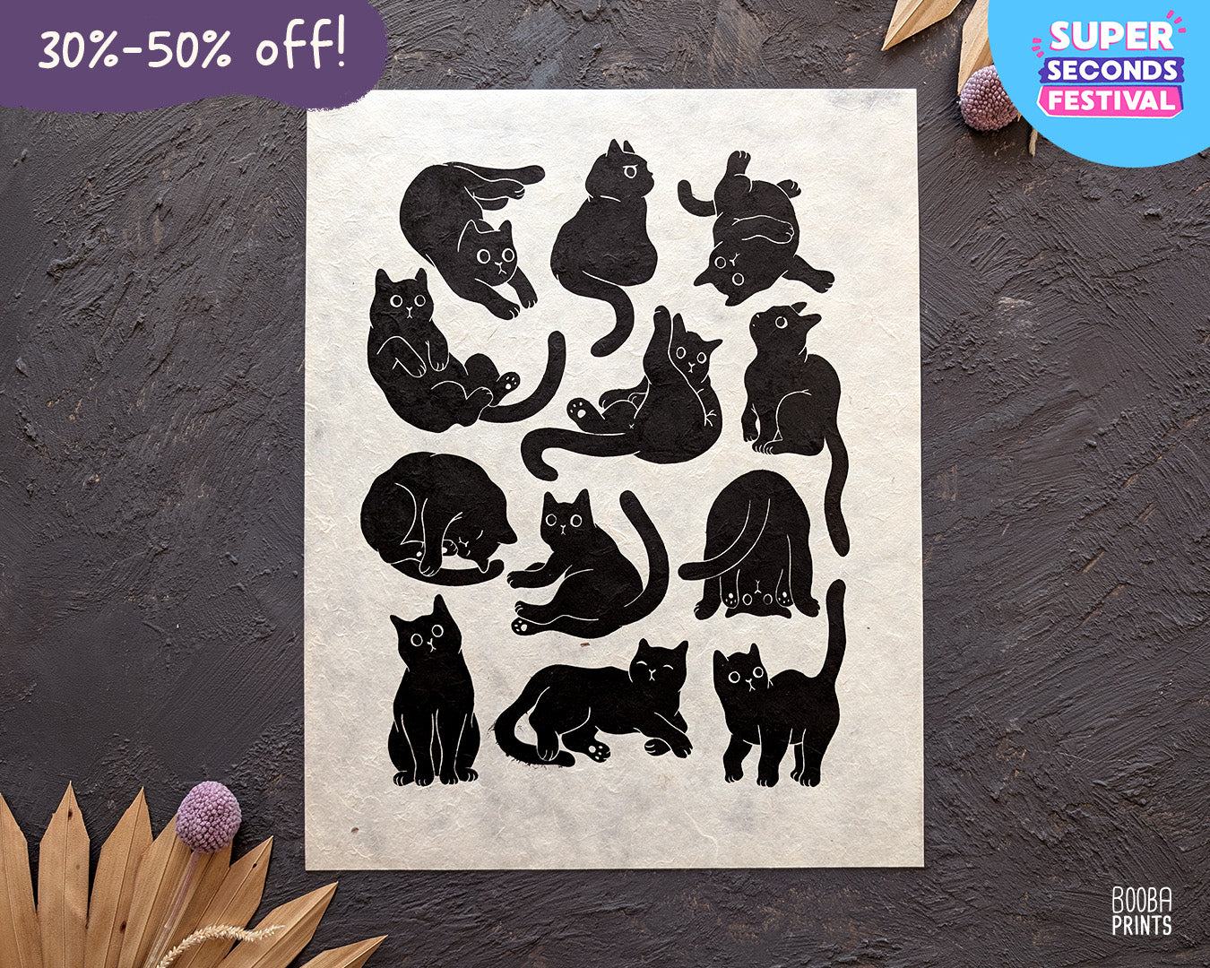 12 Cute Cats Original Linocut Print ✷ 30%-50% Off!