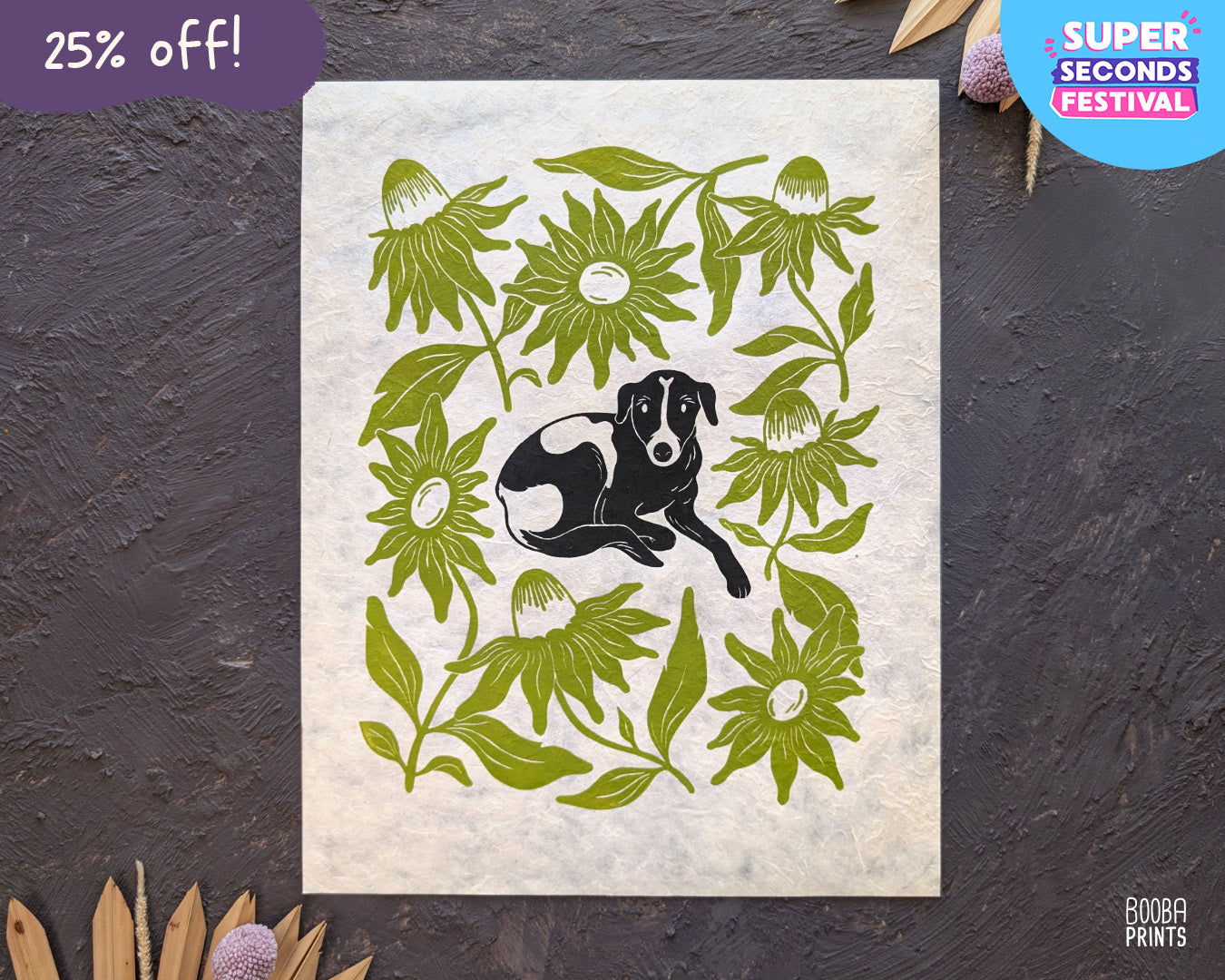 Cutie Dog & Green Flowers Linocut Print ✷ 25% Off!
