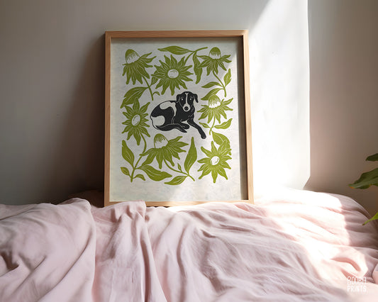Cutie Dog & Green Flowers Linocut Print ✷ 25% Off!