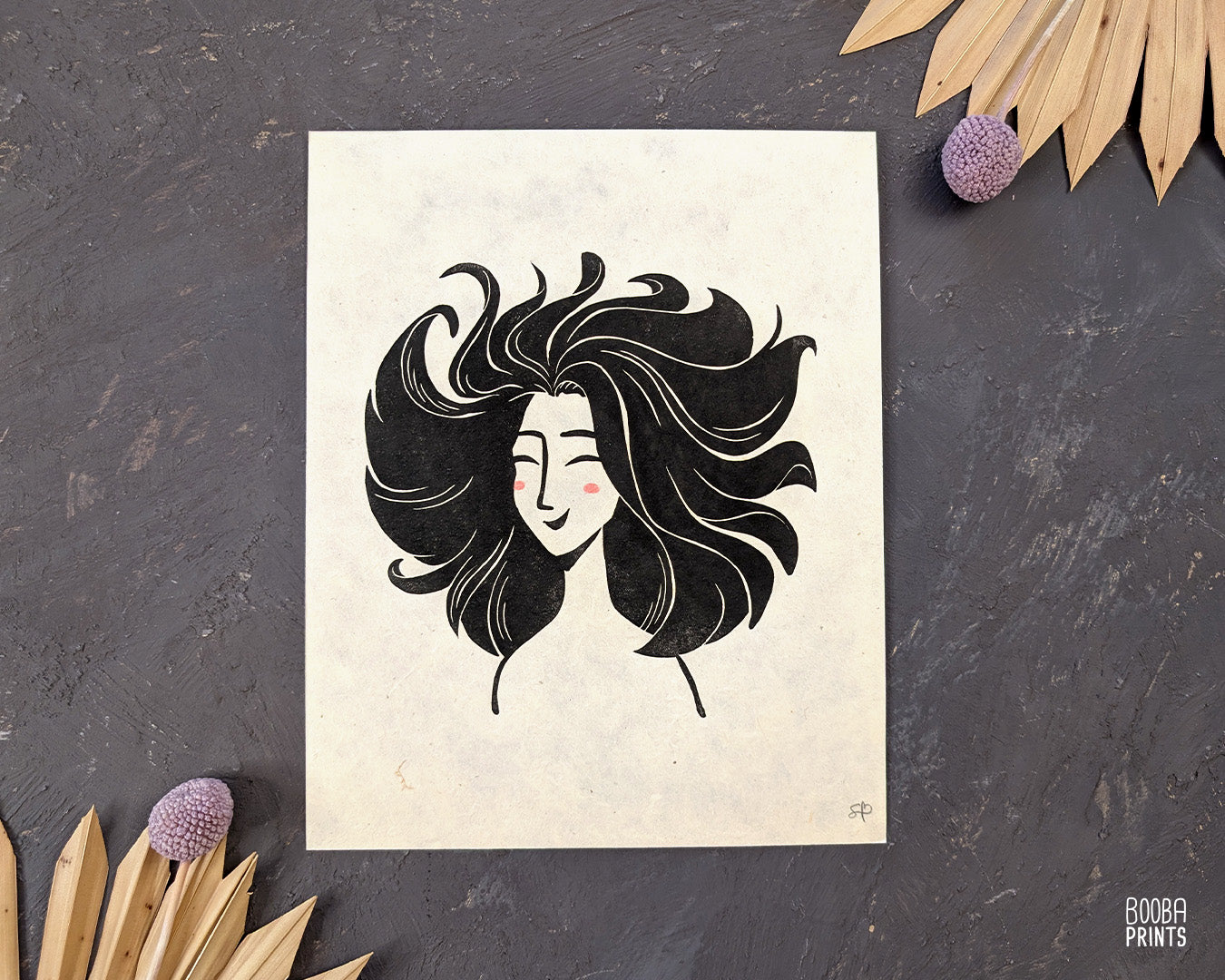 Smiley Whimsical Girl Linocut Print ✷ 45% Off!
