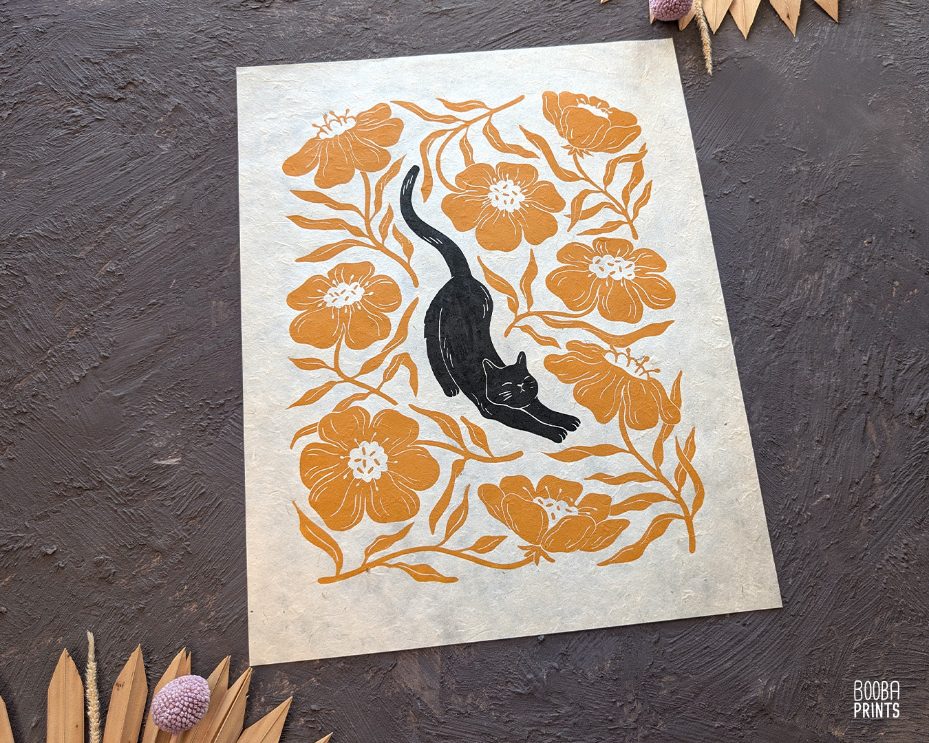Stretchy Cat & Orange Flowers Linocut Print ✷ 20% Off