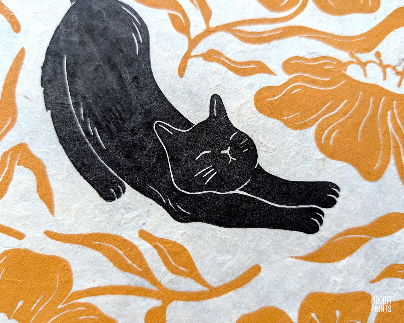 Stretchy Cat & Orange Flowers Linocut Print ✷ 20% Off