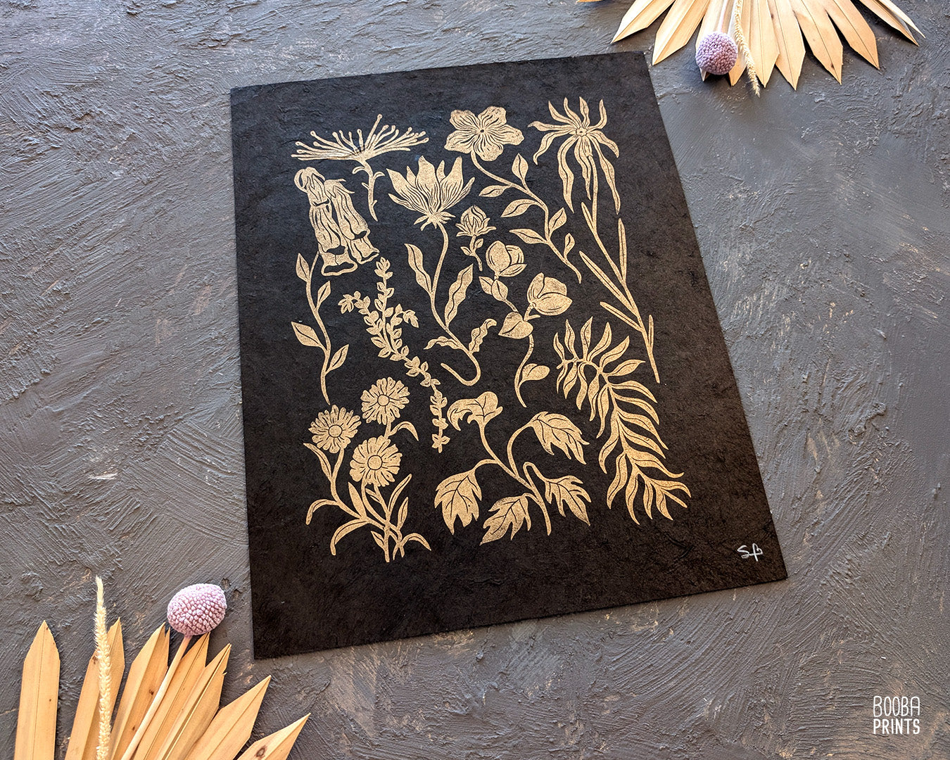 #2 Golden Flowers Linocut Print ✷ 55% Off!