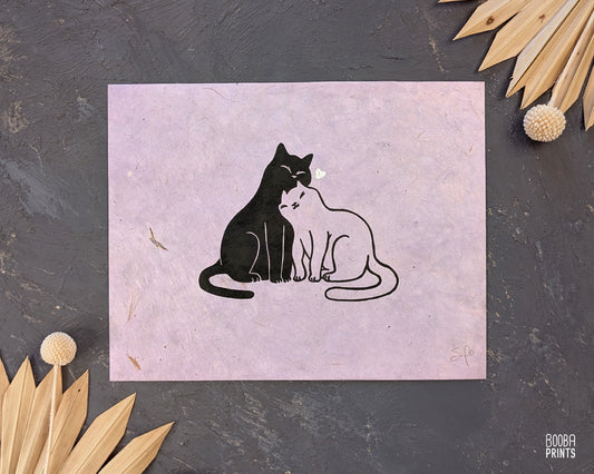 Snuggly Cats & Silver Heart Linocut Print ✷ 35% Off!