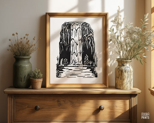 Waterfall Black & White Linocut Print ✷ 55% Off!