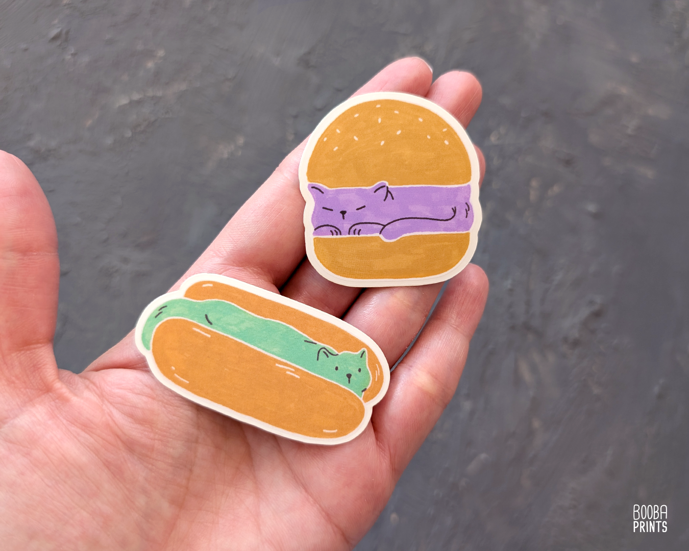 Original 2 color linocut print, printed in Ochre and mint green, showing a cute cat in a hot dog but. Cute whimsical art for your kitchen. Art by Booba Prints. Check out 2 vinyl sticker of the same series: Burger Cat and Hot Dog Cat